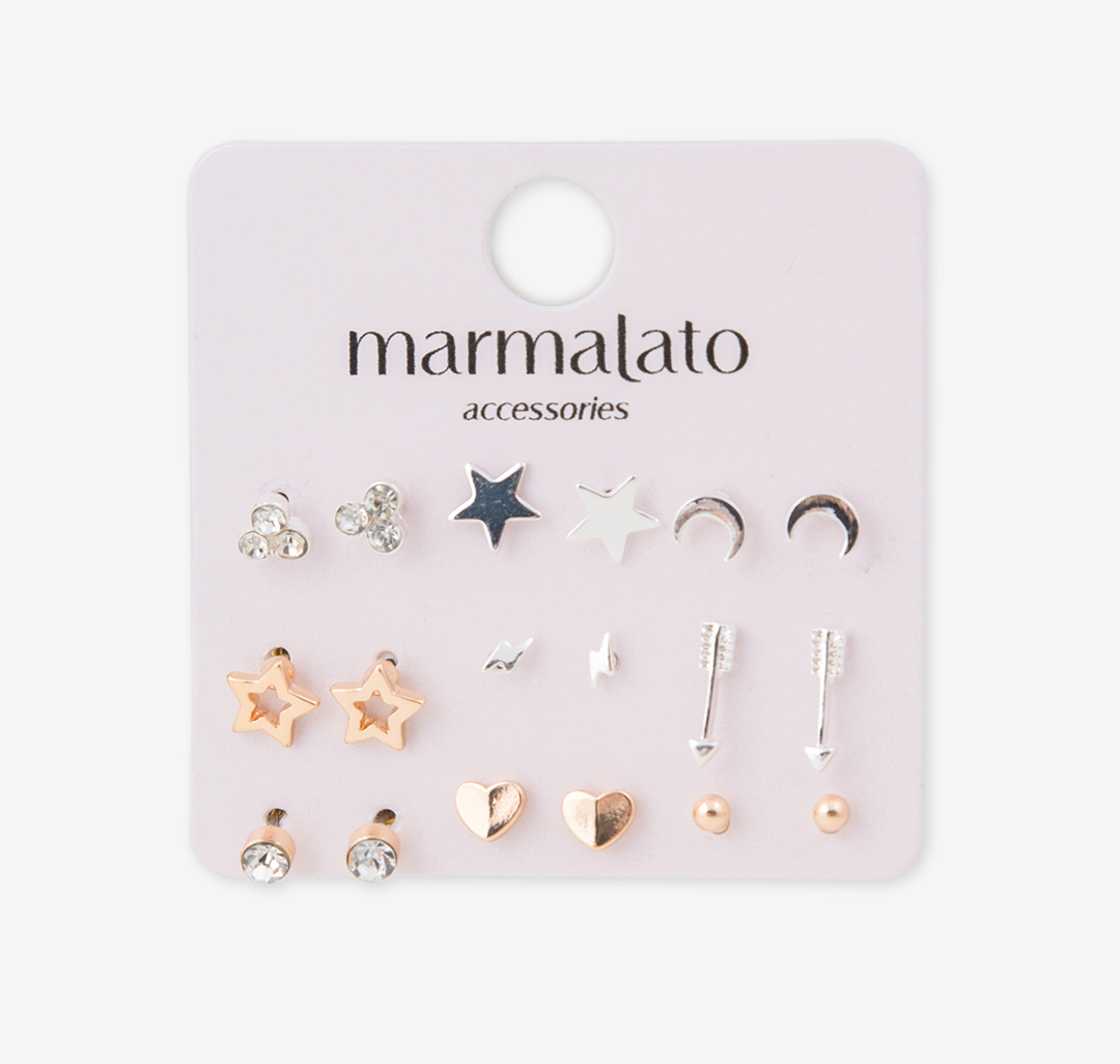 Набор серег (9 пар) Мармалато, цвет Белое серебро-золото-прозрачный #1