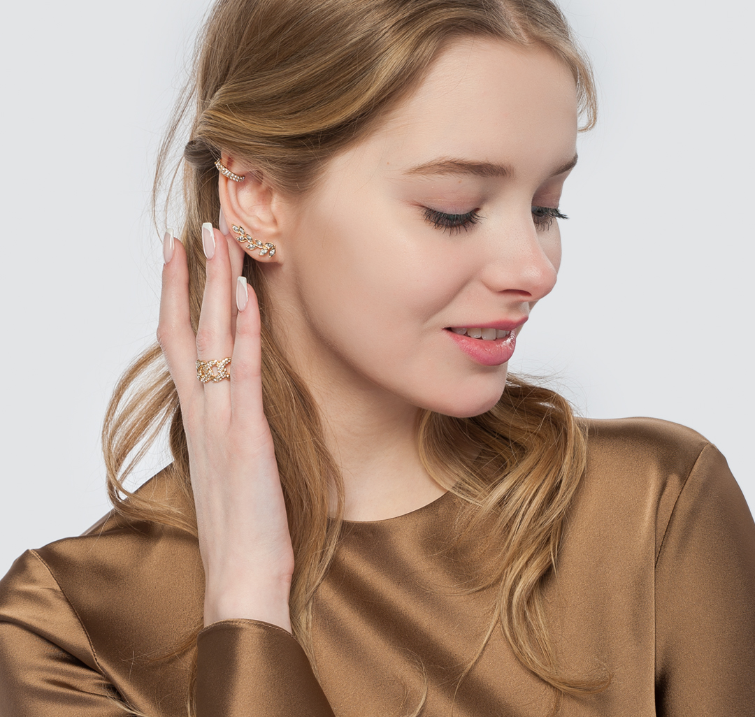 Набор (кафф 1 шт, сереги 1 шт Мармалато, цвет Золото-прозрачный #2