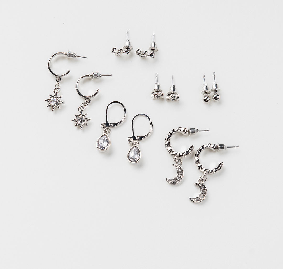 Набор серег (6 пар) Мармалато, цвет Серебро-прозрачный #1