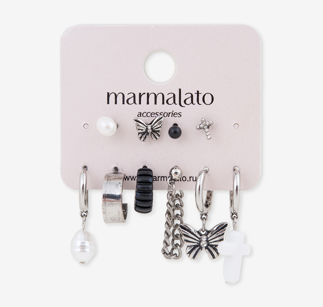 Набор серег (10 шт) Мармалато, цвет Серебро-черный-белый #1