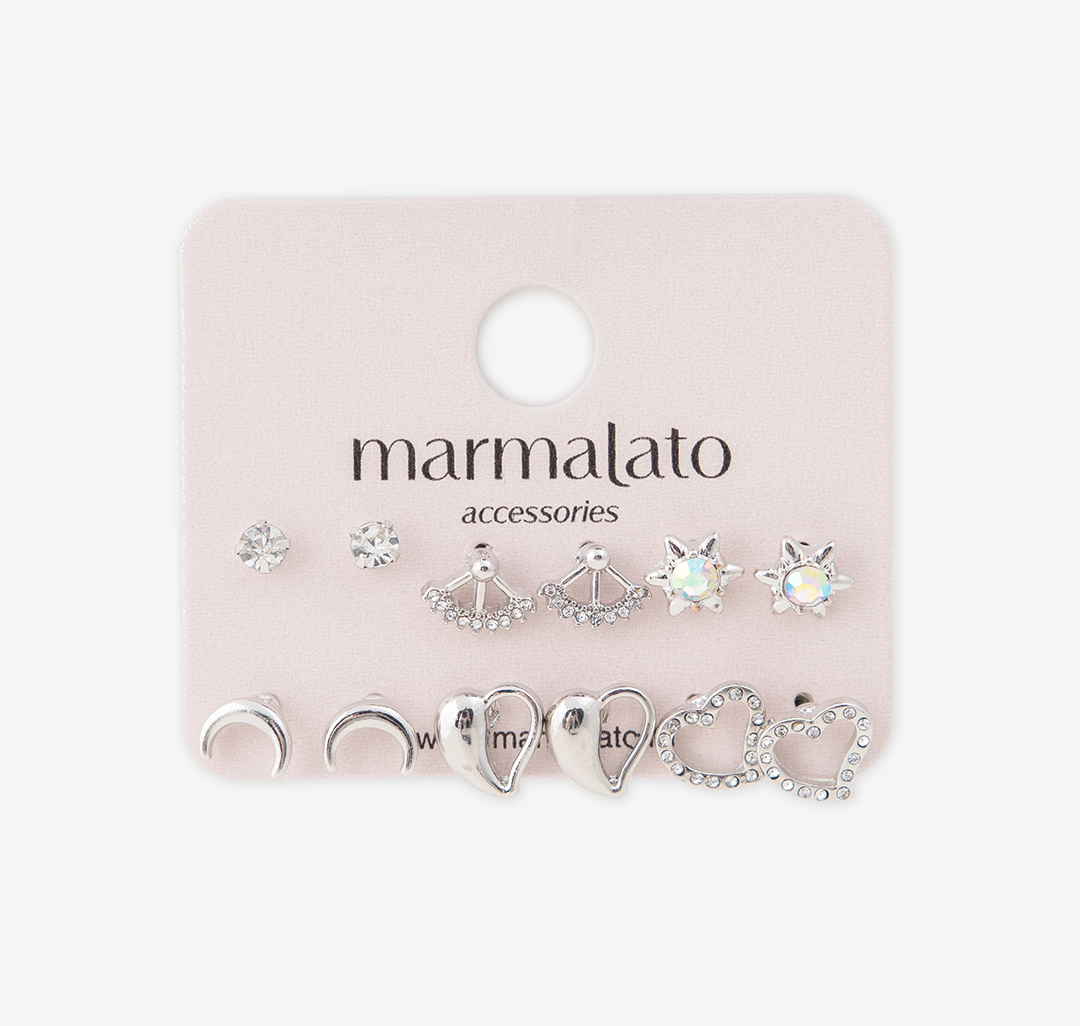 Набор серег (6 пар) Мармалато, цвет Серебро-прозрачный #1