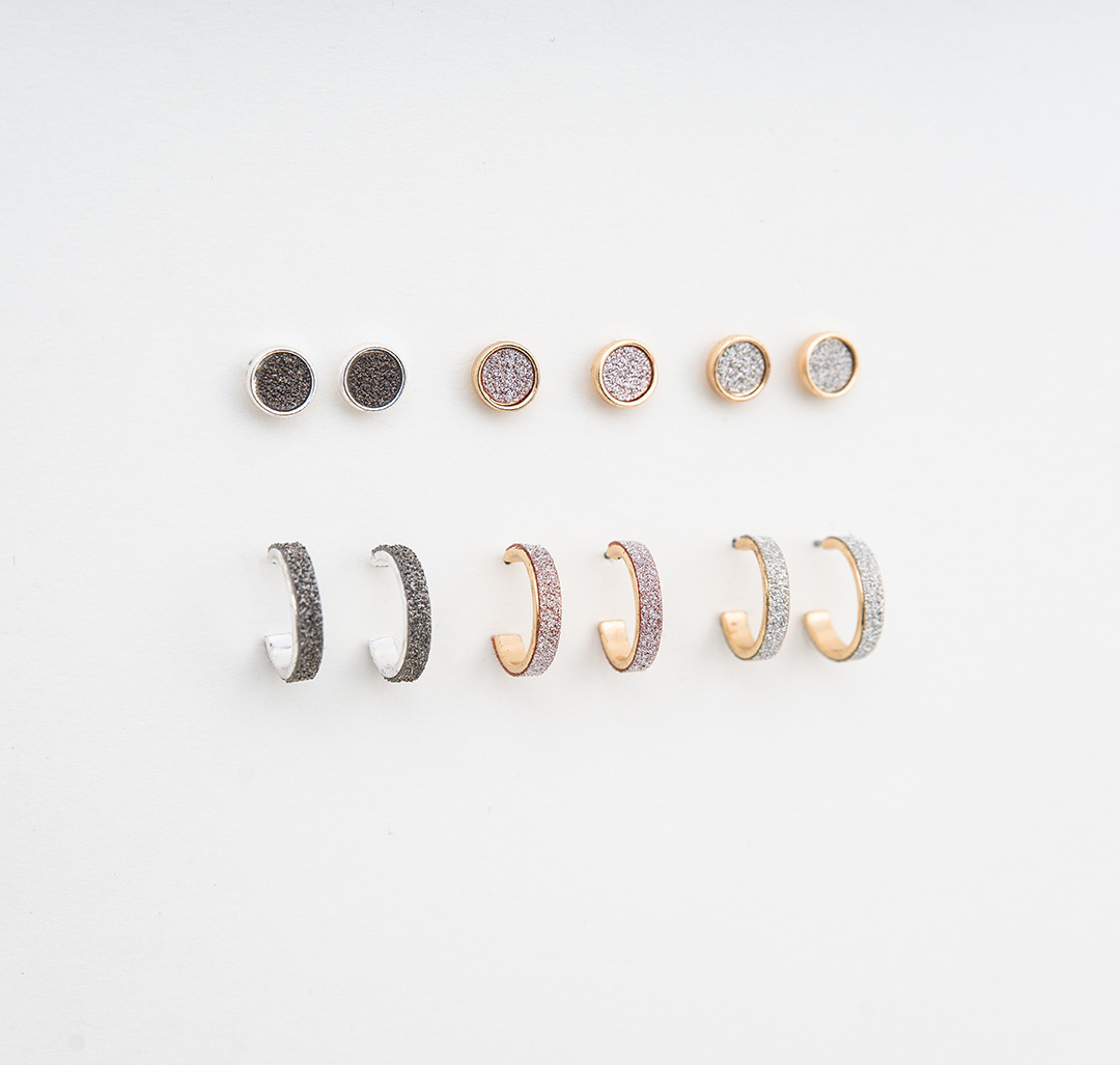 Набор серег (6 пар) Мармалато, цвет Черный-белое серебро-золото #1