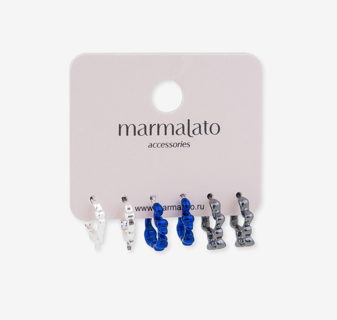 Набор серег (3 пары) Мармалато, цвет Черный-белое серебро-синий #1